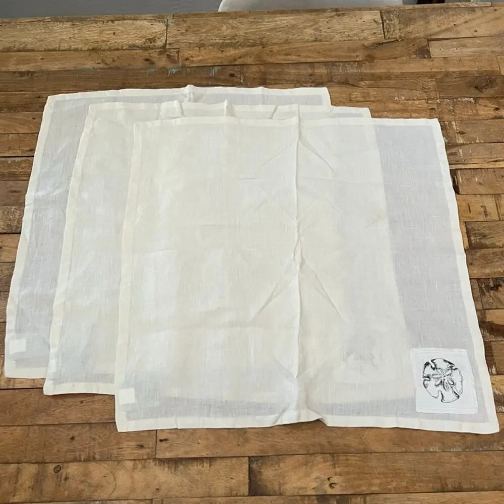 Pottery Barn Ivory Linen Napkin Set of 3 Embroidered Patch 20 x 20